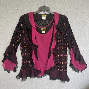 Bob Mackie Silk Tank & Silk Blend Jacket Set Large Black Artsy Velvet Sheer Goth